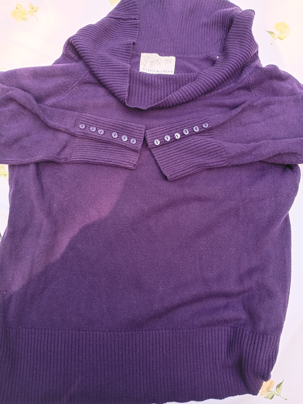 Debbie Morgan Purple Cowl Neck Sweater with Button Cuffs